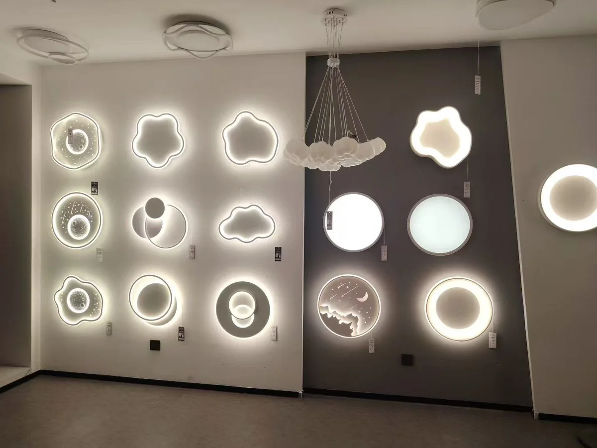 Growcean Lighting showroom wall with decorative ceiling light samples for buyer selection